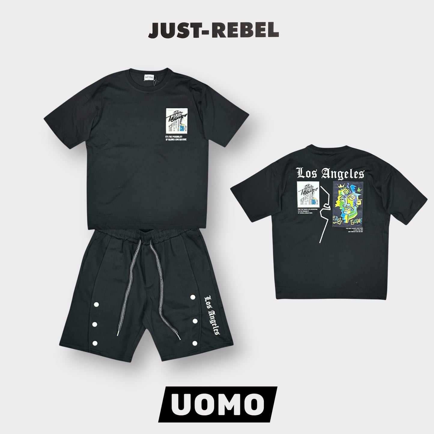 JUST REBEL - Completino estivo Uomo con stampa schienale, Col.Nero