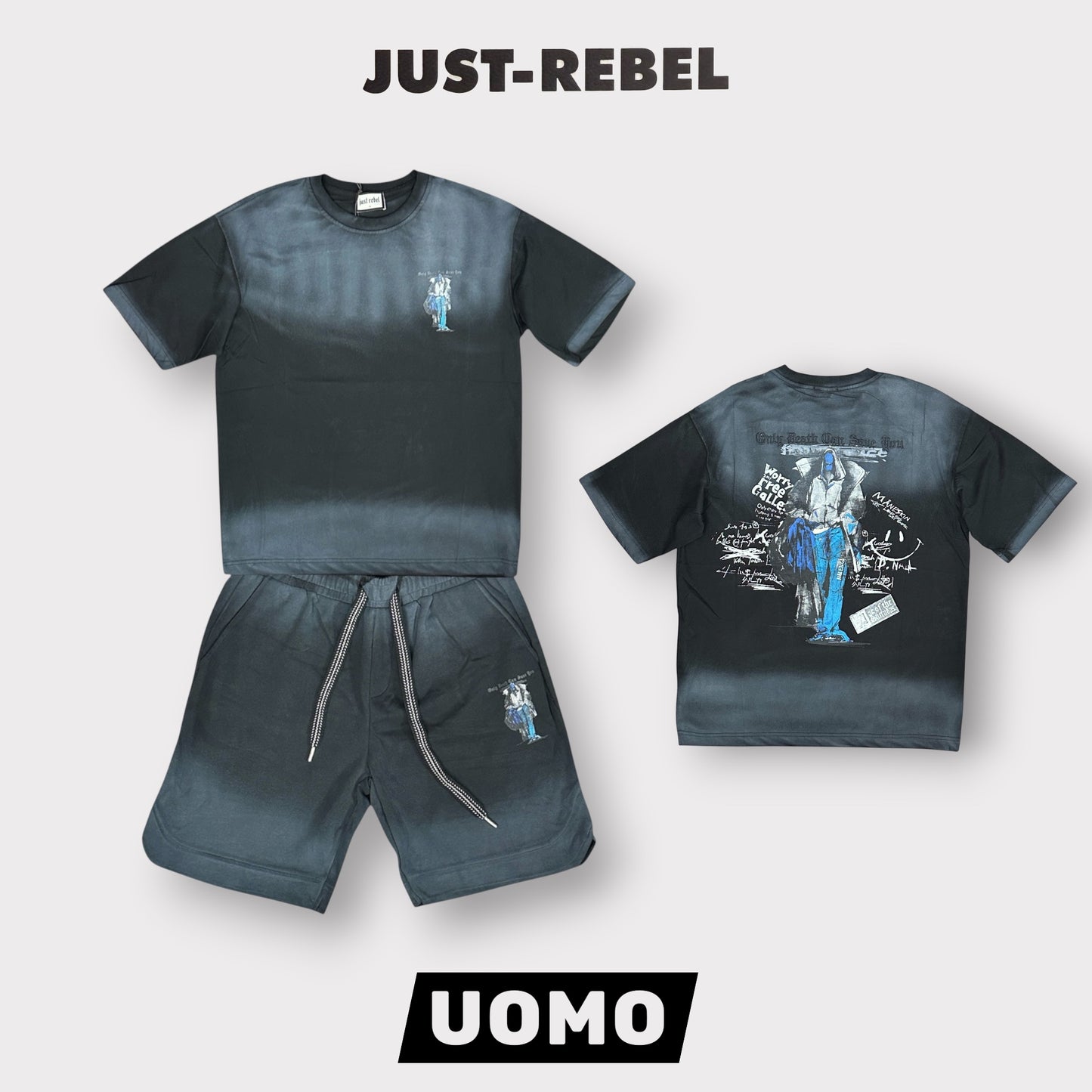 JUST REBEL - Completino estivo Uomo con stampa schienale, Col.Blu