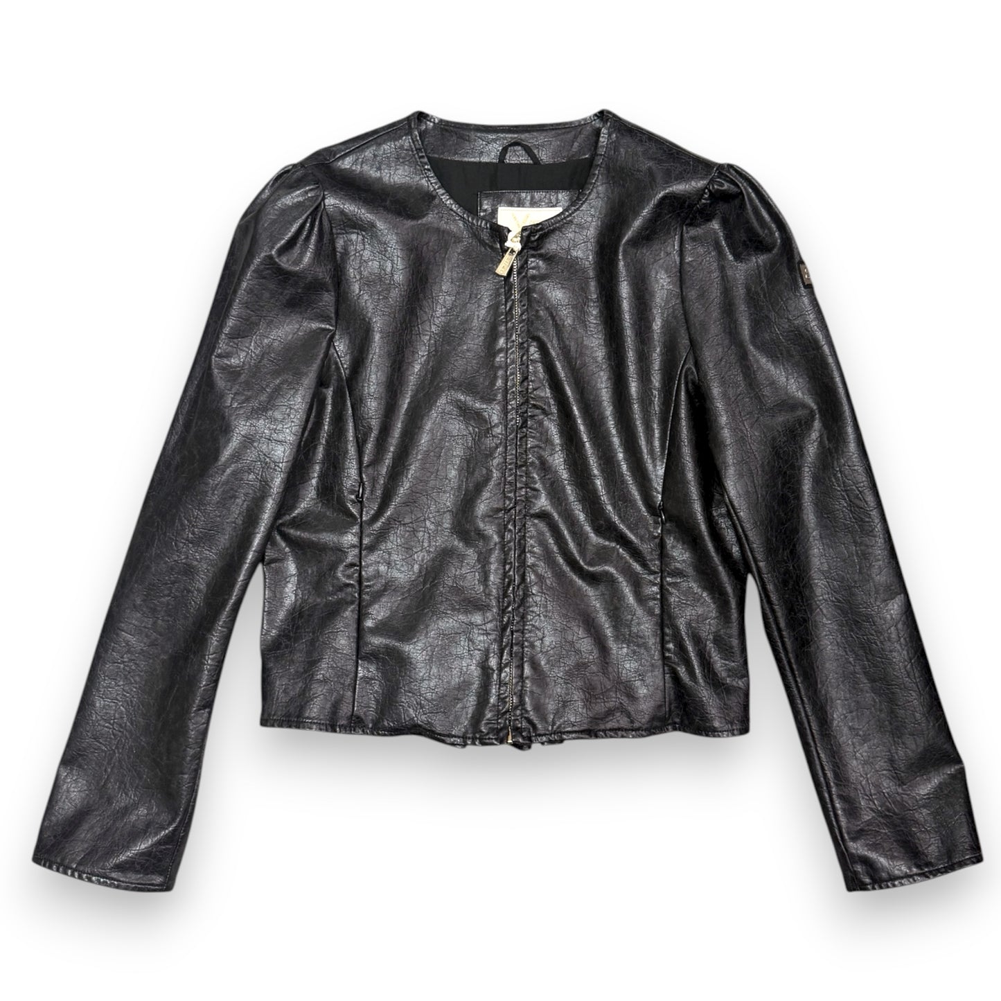 Giacca in ecopelle YES-ZEE, con rouches sulle spalle e sul retro, Col.Nero martellato