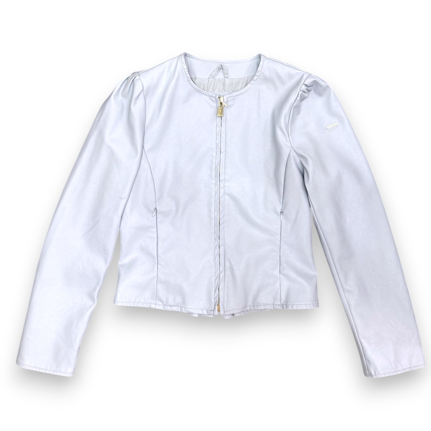Giacca in ecopelle YES-ZEE, con rouches sulle spalle e sul retro, Col.Celeste pastello