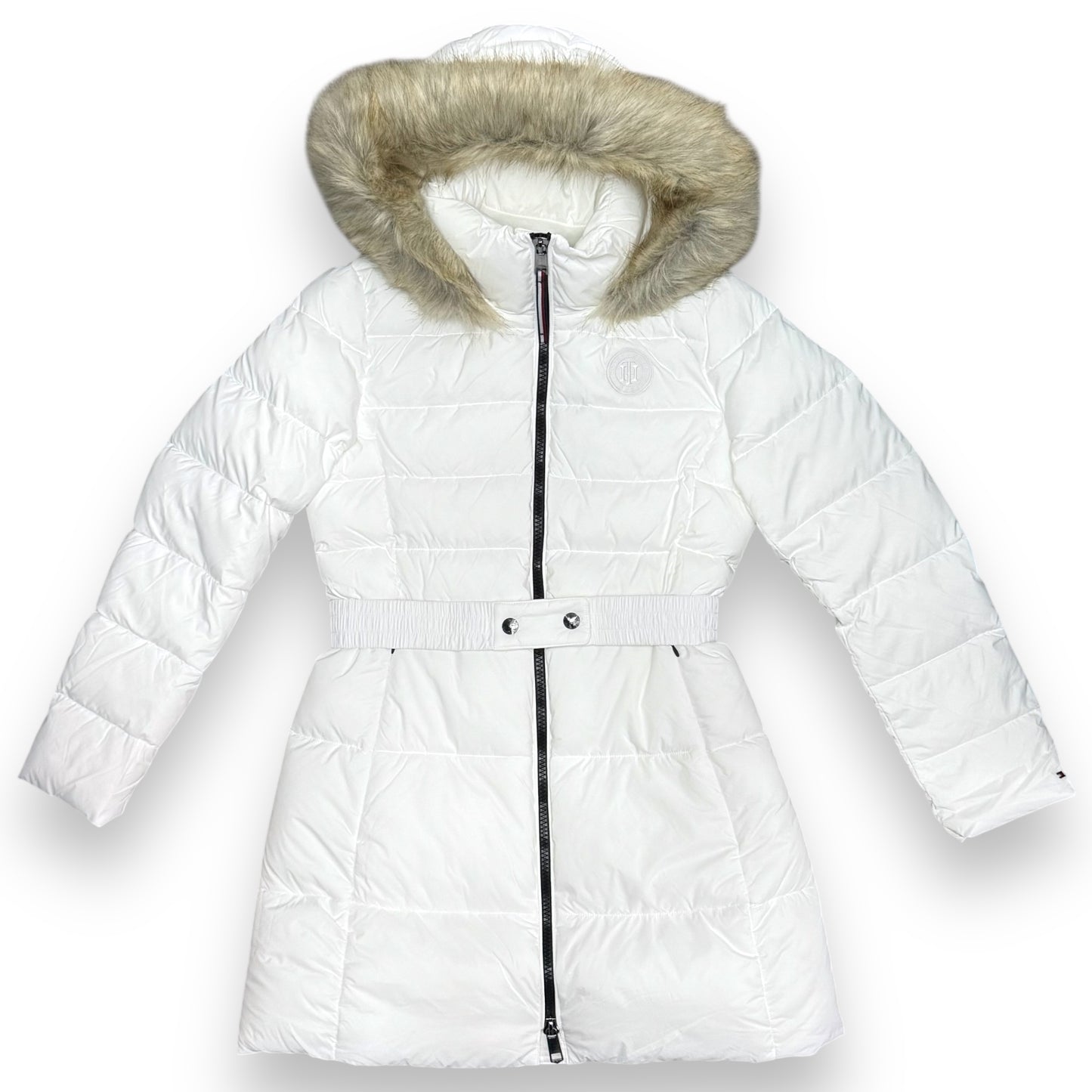Giubbotto TOMMY HILFIGER Donna, lungo, con cappuccio fisso e pelliccia, (veste grande si consiglia una tg. In meno), col.Bianco