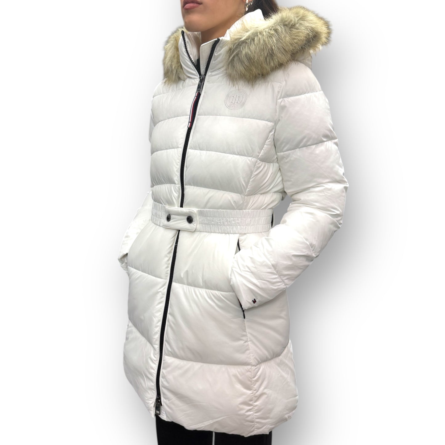 Giubbotto TOMMY HILFIGER Donna, lungo, con cappuccio fisso e pelliccia, (veste grande si consiglia una tg. In meno), col.Bianco