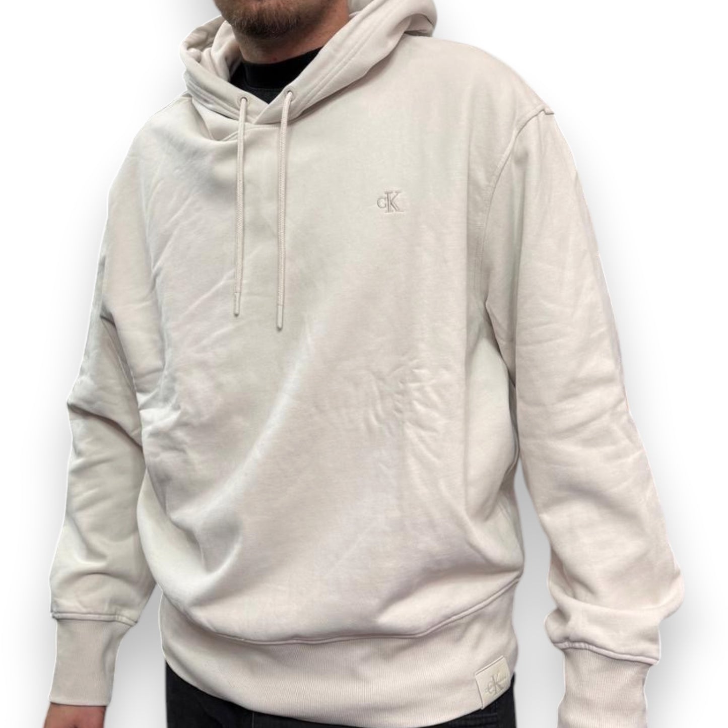 CALVIN KLEIN- Felpa Oversize estiva Uomo, con cappuccio, con logo ricamato lato cuore, tex.cotone garzato, Col.Panna