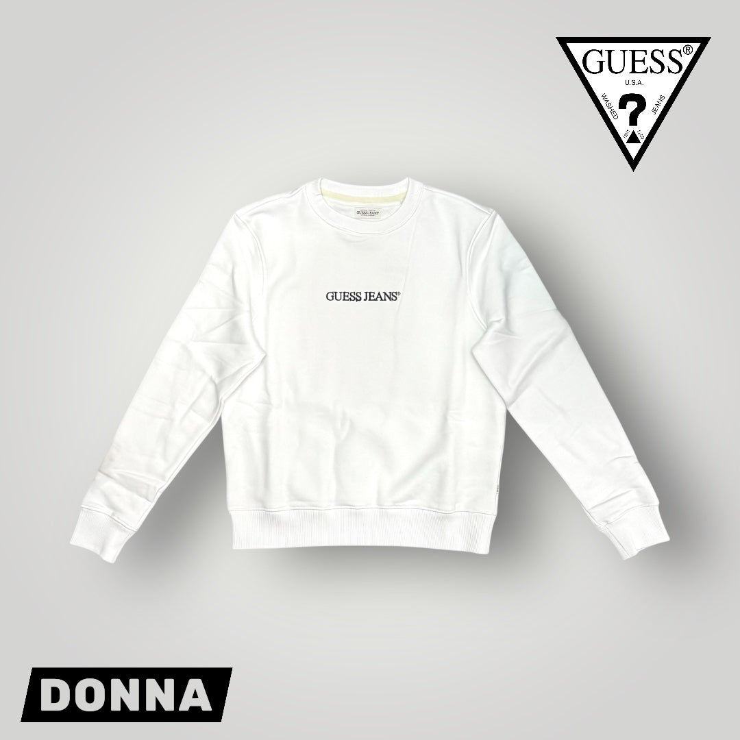 Felpa GUESS JEANS Donna girocollo con logo frontale ricamato, tex. felpato, Col.Bianco