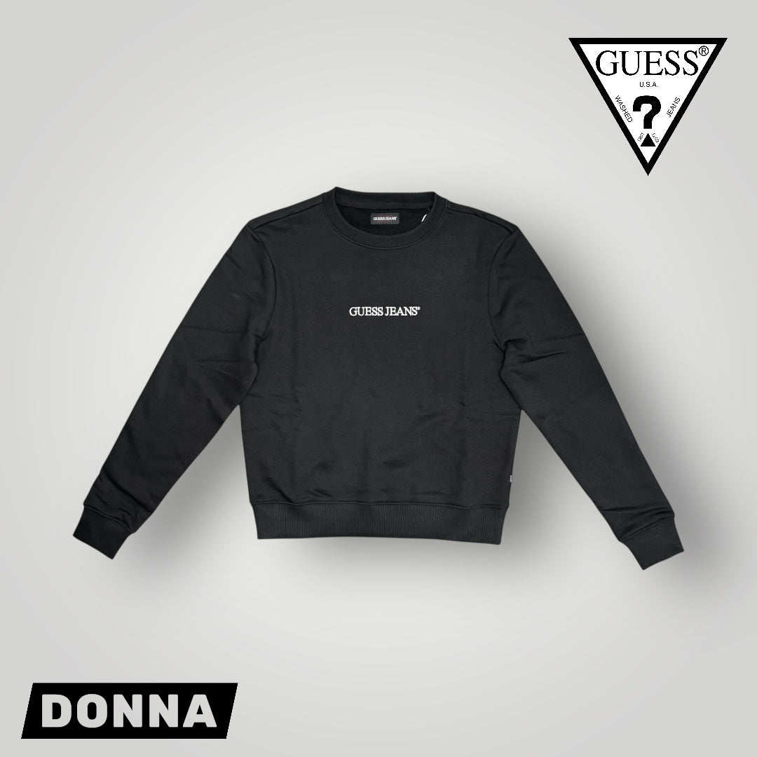 Felpa GUESS JEANS Donna girocollo con logo frontale ricamato, tex. felpato, Col.Nero