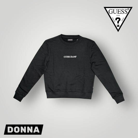 Felpa GUESS JEANS Donna girocollo con logo frontale ricamato, tex. felpato, Col.Nero