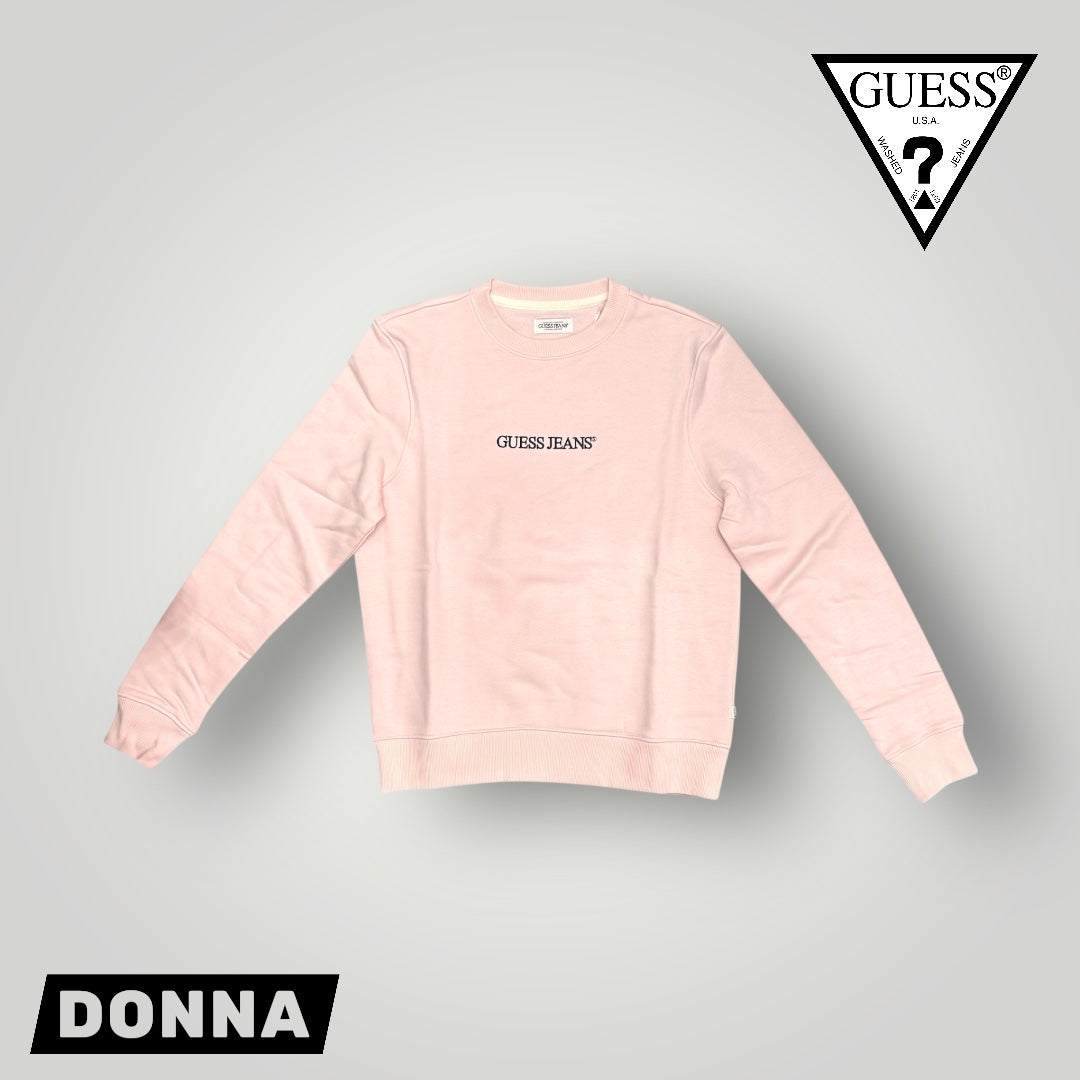 Felpa GUESS JEANS Donna girocollo con logo frontale ricamato, tex. felpato, Col.Rosa