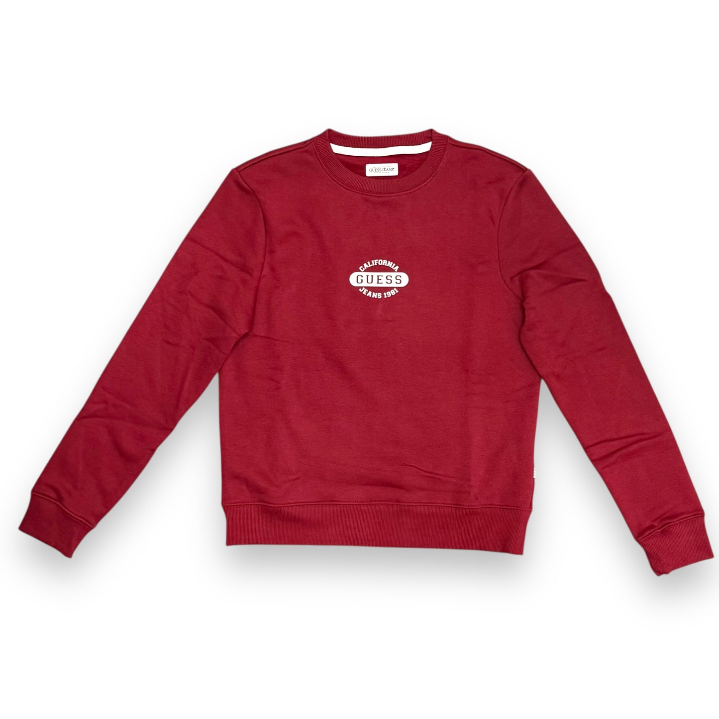 Felpa GUESS JEANS Donna girocollo con logo frontale, tex. felpato, Col.Bordeaux (California GUESS Jeans 1981)