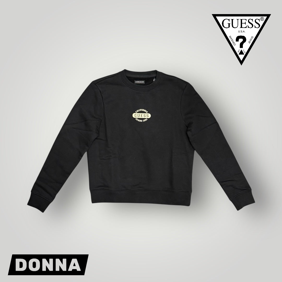 Felpa GUESS JEANS Donna girocollo con logo frontale, tex. felpato, Col.Nero (California GUESS Jeans 1981)