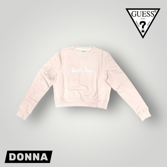 Felpa GUESS JEANS Donna girocollo con logo frontale gommato, Cropped fit, tex.garzato, Col.Rosa