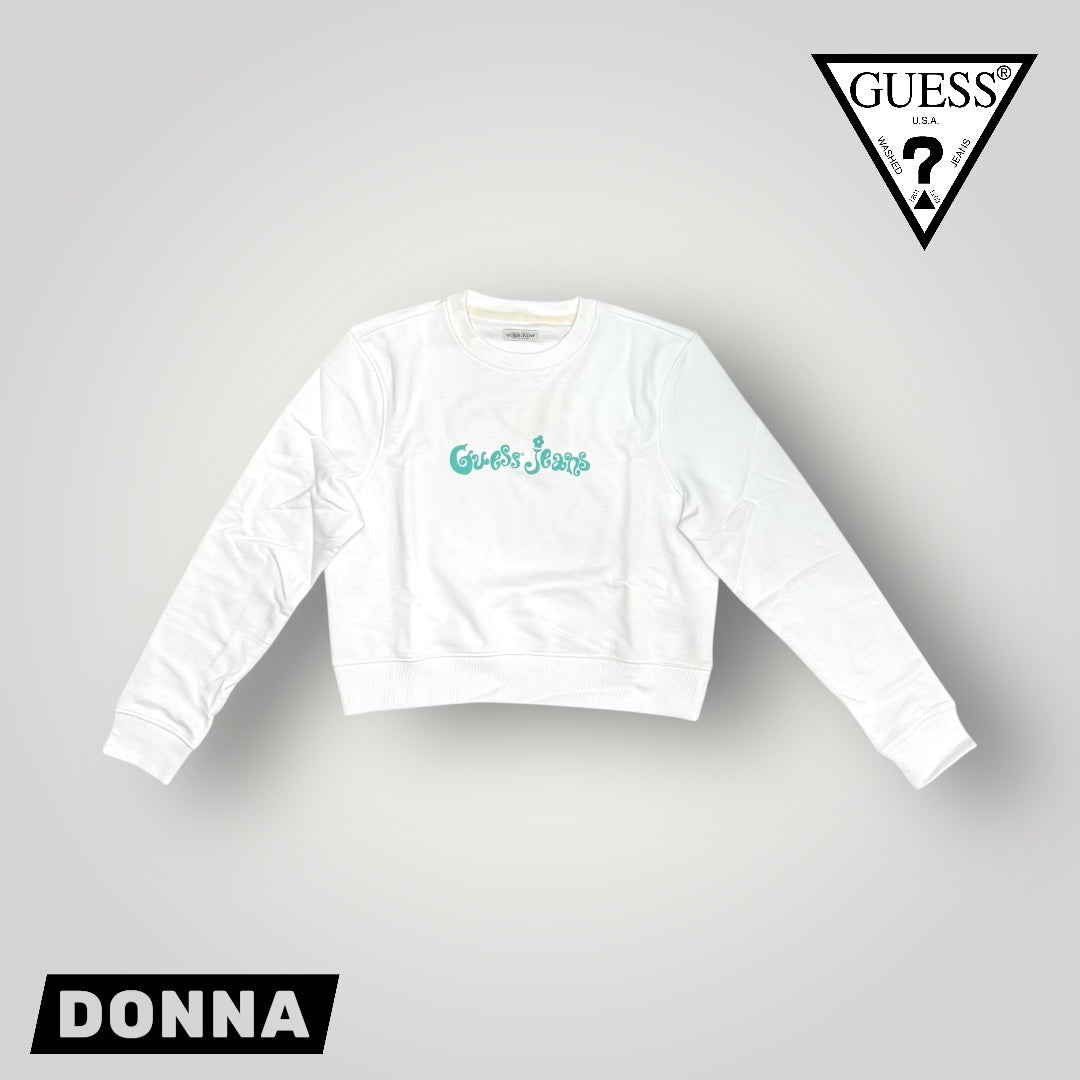 Felpa GUESS JEANS Donna girocollo con logo frontale gommato, Cropped fit, tex.garzato, Col.Bianco