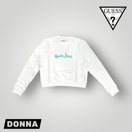 Felpa GUESS JEANS Donna girocollo con logo frontale gommato, Cropped fit, tex.garzato, Col.Bianco