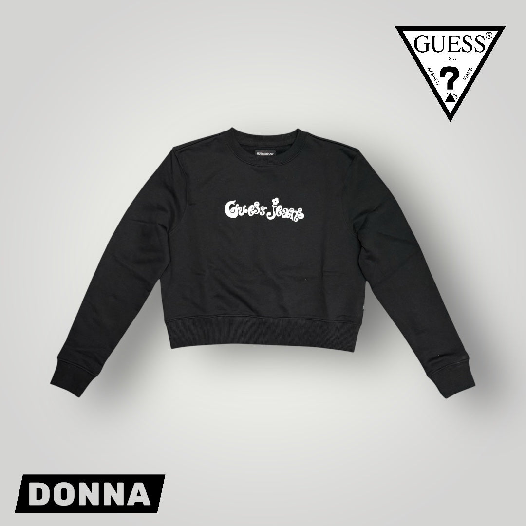 Felpa GUESS JEANS Donna girocollo con logo frontale gommato, Cropped fit, tex.garzato, Col.Nero