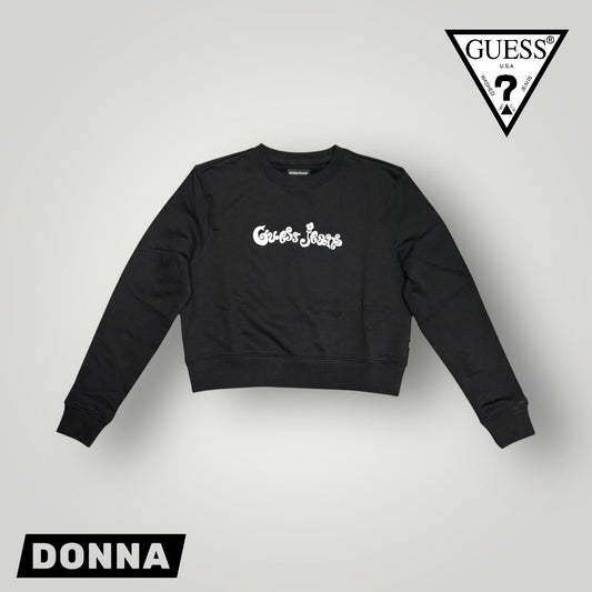 Felpa GUESS JEANS Donna girocollo con logo frontale gommato, Cropped fit, tex.garzato, Col.Nero