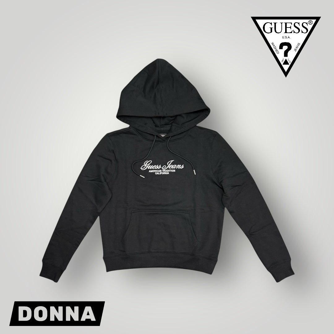 Felpa GUESS JEANS Donna con cappuccio con logo frontale ricamato, tex.garzato, Col.Nero (Guess Jeans American Tradition California)