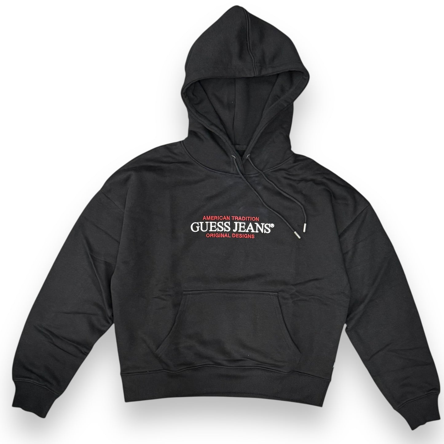 Felpa GUESS JEANS Donna con cappuccio con logo frontale ricamato, tex. felpato, Col.Nero (American Tradition GUESS Jeans Original Designs)