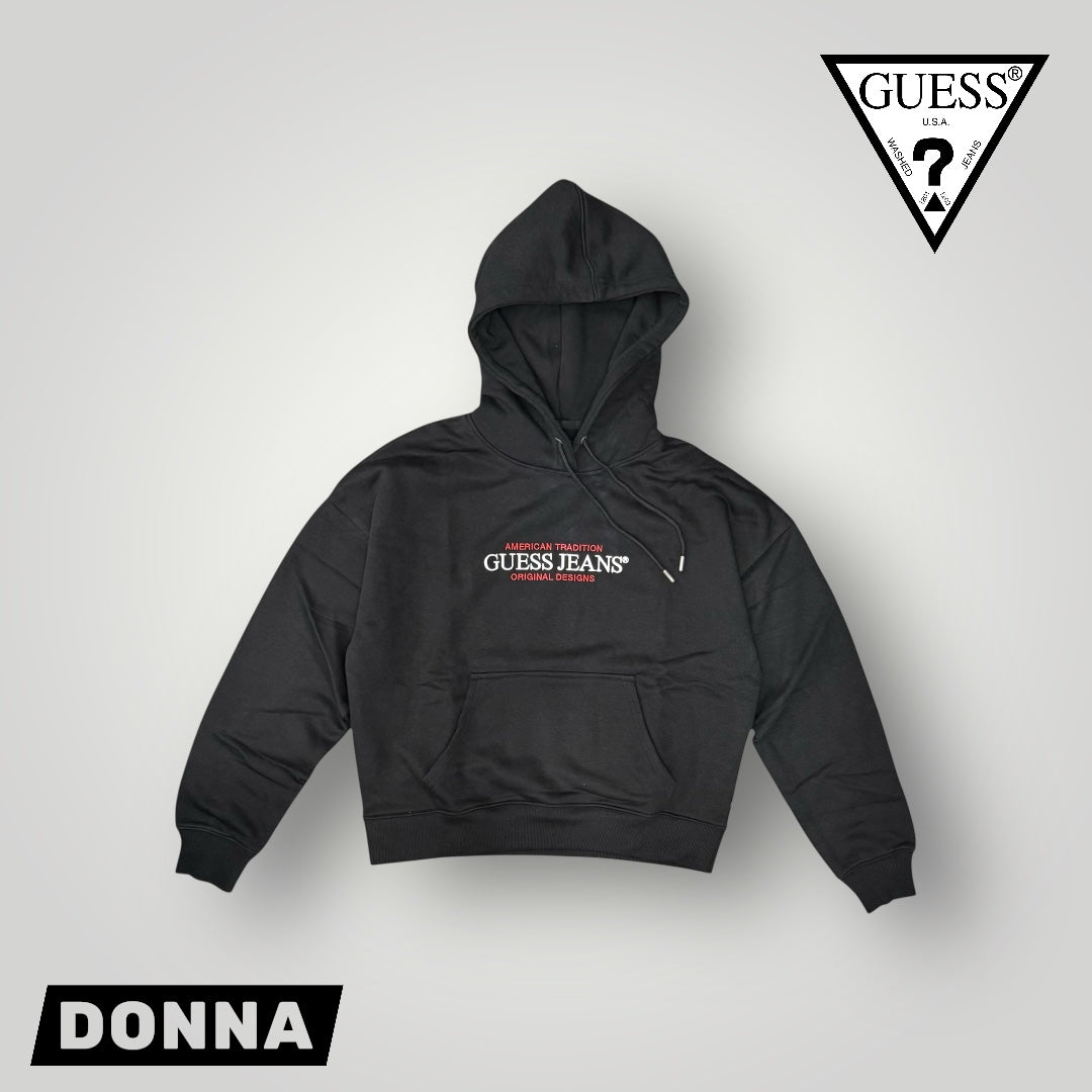 Felpa GUESS JEANS Donna con cappuccio con logo frontale ricamato, tex. felpato, Col.Nero (American Tradition GUESS Jeans Original Designs)