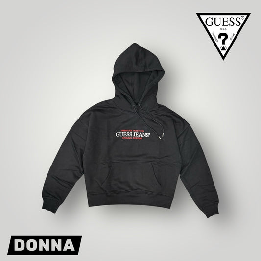 Felpa GUESS JEANS Donna con cappuccio con logo frontale ricamato, tex. felpato, Col.Nero (American Tradition GUESS Jeans Original Designs)