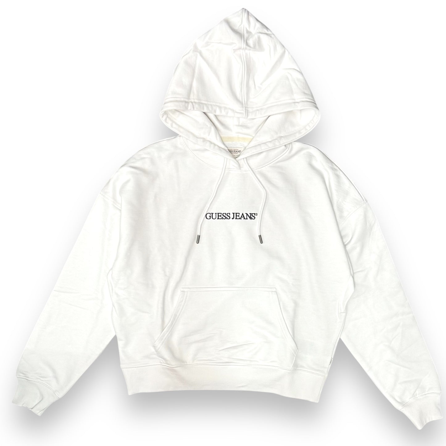 Felpa GUESS JEANS Donna con cappuccio e stampa frontale, tex. cotone garzato , Over size Fit, Col.Bianco