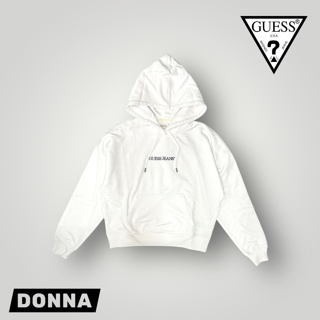 Felpa GUESS JEANS Donna con cappuccio e stampa frontale, tex. cotone garzato , Over size Fit, Col.Bianco