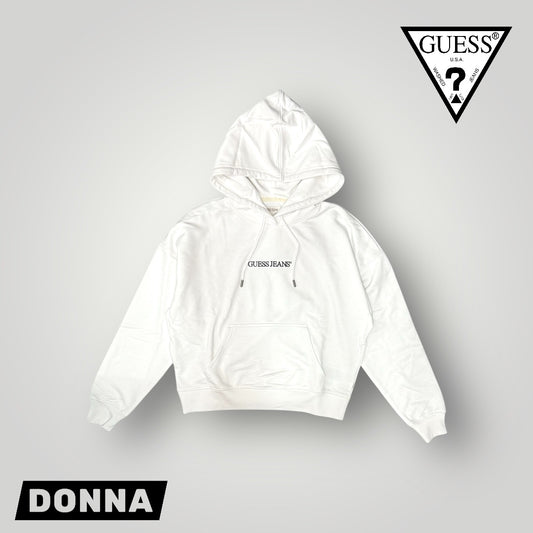 Felpa GUESS JEANS Donna con cappuccio e stampa frontale, tex. cotone garzato , Over size Fit, Col.Bianco