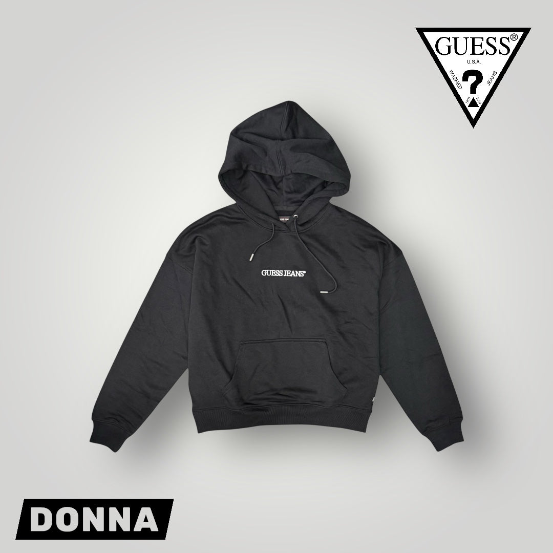 Felpa GUESS JEANS Donna con cappuccio con logo frontale ricamato, tex.garzato, Oversize fit, Col.Nero