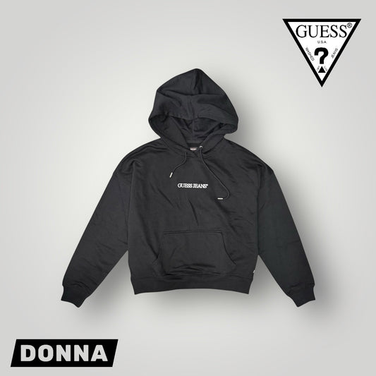 Felpa GUESS JEANS Donna con cappuccio con logo frontale ricamato, tex.garzato, Oversize fit, Col.Nero