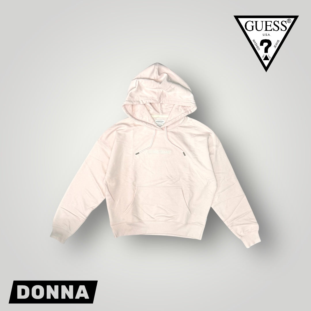 Felpa GUESS JEANS Donna con cappuccio con logo frontale ricamato, tex.garzato, Col.Rosa