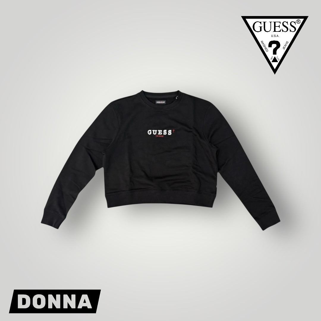 Felpa GUESS JEANS Donna con ricamo frontale, tex. cotone garzato, Cropped Fit , Col. Nero