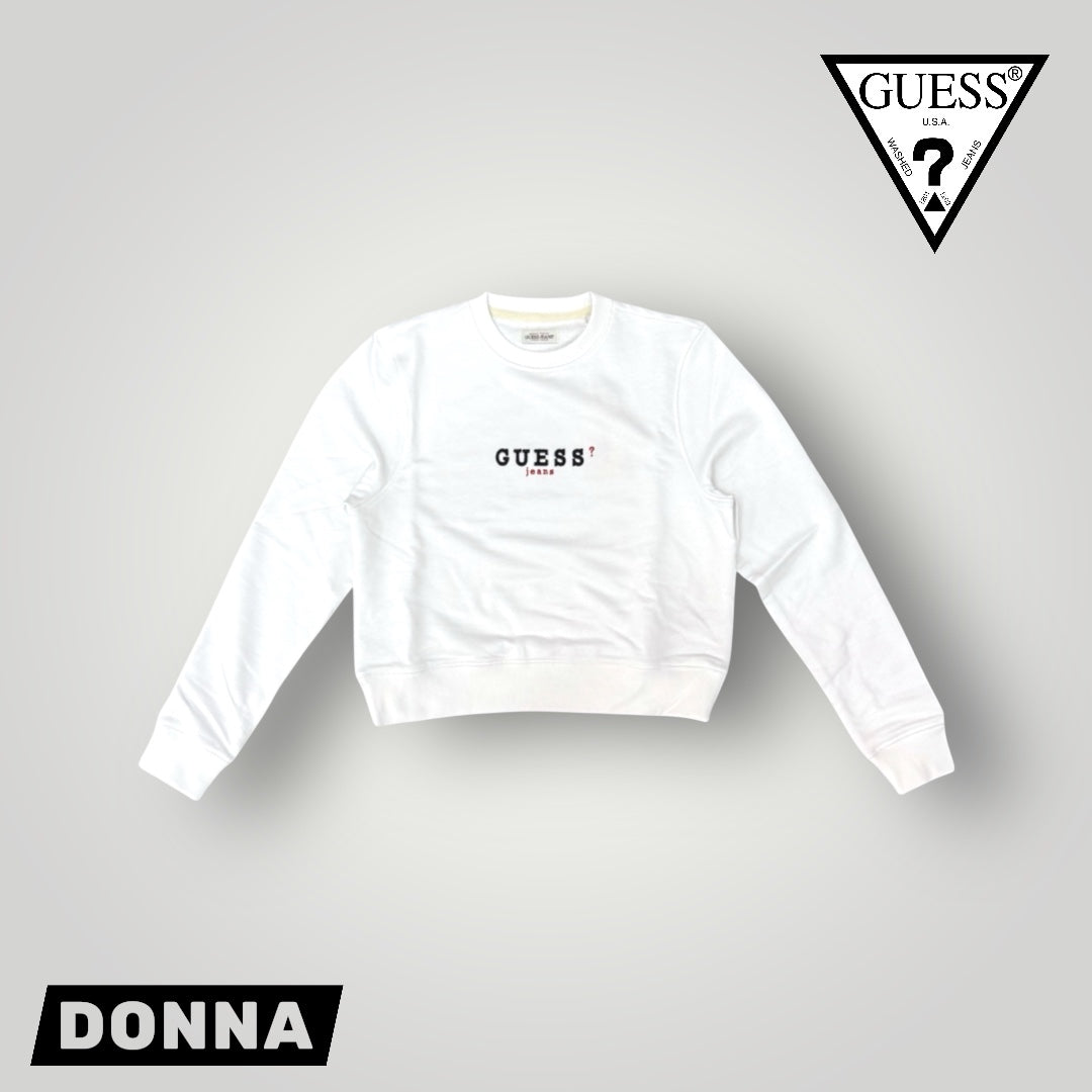 Felpa GUESS JEANS Donna con ricamo frontale, tex. cotone garzato, Cropped Fit , Col. Bianco