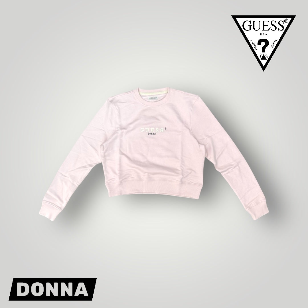 Felpa GUESS JEANS Donna con ricamo frontale, tex. cotone garzato, Cropped Fit , Col. Rosa