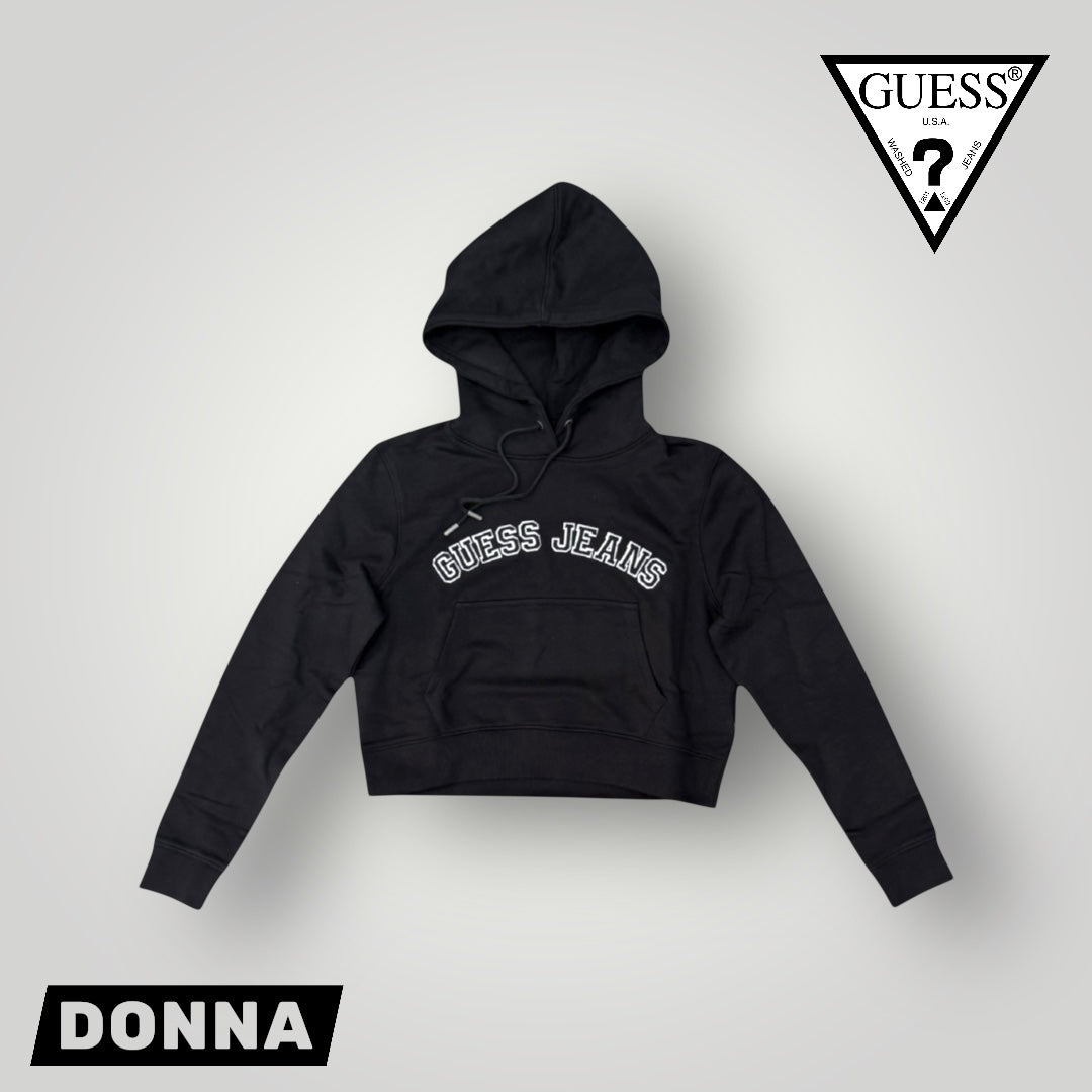 Felpa GUESS JEANS Donna con cappuccio e stampa frontale, tex. cotone garzato , Cropped Fit, Col.Nera