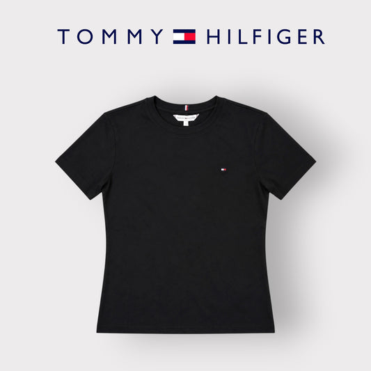 TOMMY HILFIGER- T-shirt Donna, con logo ricamato lato cuore, Slim Fit, col.Nero