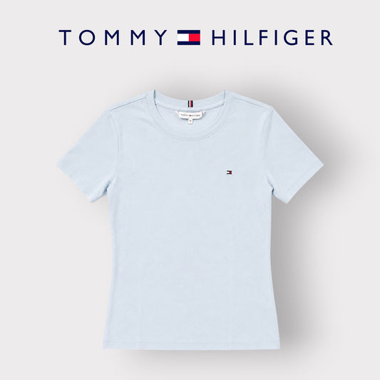 TOMMY HILFIGER- T-shirt Donna, con logo ricamato lato cuore, Slim Fit, col.Azzurro