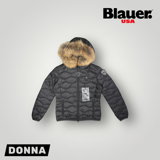 Giubbotto BLAUER Donna con pelliccia e scudetto in Swarovski, Col.Nero (Imbott.Piuma)