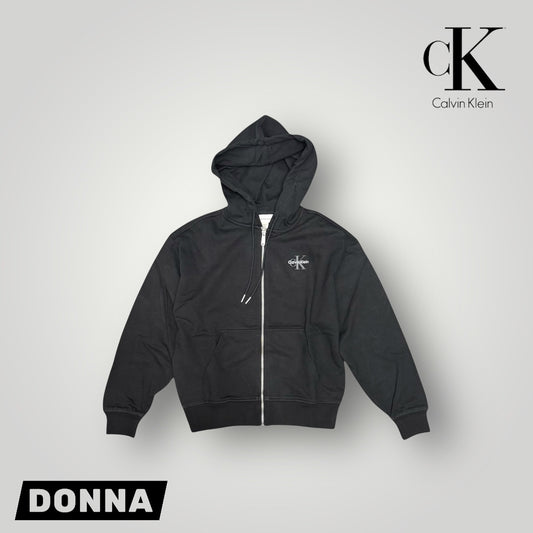 Felpa CALVIN KLEIN Donna con cappuccio e zip, tex. cotone garzato, Col.Nero