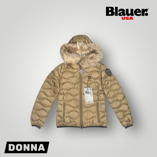 Giubbotto BLAUER Donna con pelliccia e scudetto in Swarovski, Col.Marrone (Imbott.Piuma)