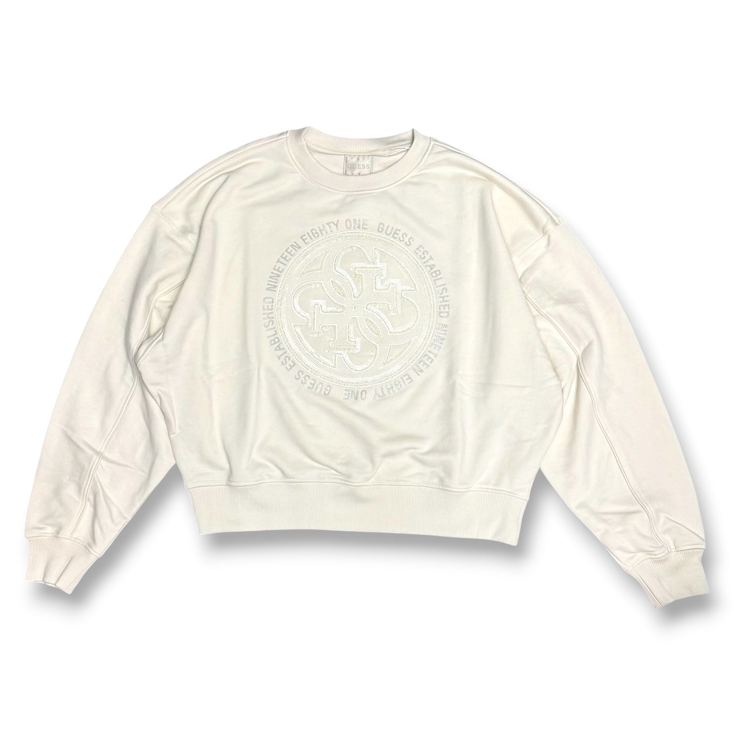 GUESS-Felpa estiva Donna, girocollo, con ricamo frontale e paillettes, tex.cotone garzato, Col.Panna