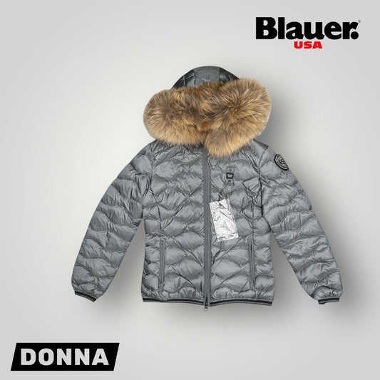Giubbotto BLAUER Donna ad onda con pelliccia e scudetto in Swarovski, Col.Grigio (Imbott.Piuma)