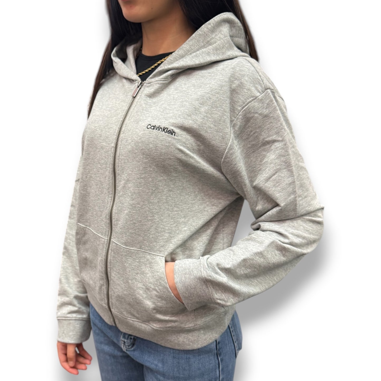 CALVIN KLEIN-Felpa estiva Donna, con zip e cappuccio, tex.cotone garzato, col.Grigio
