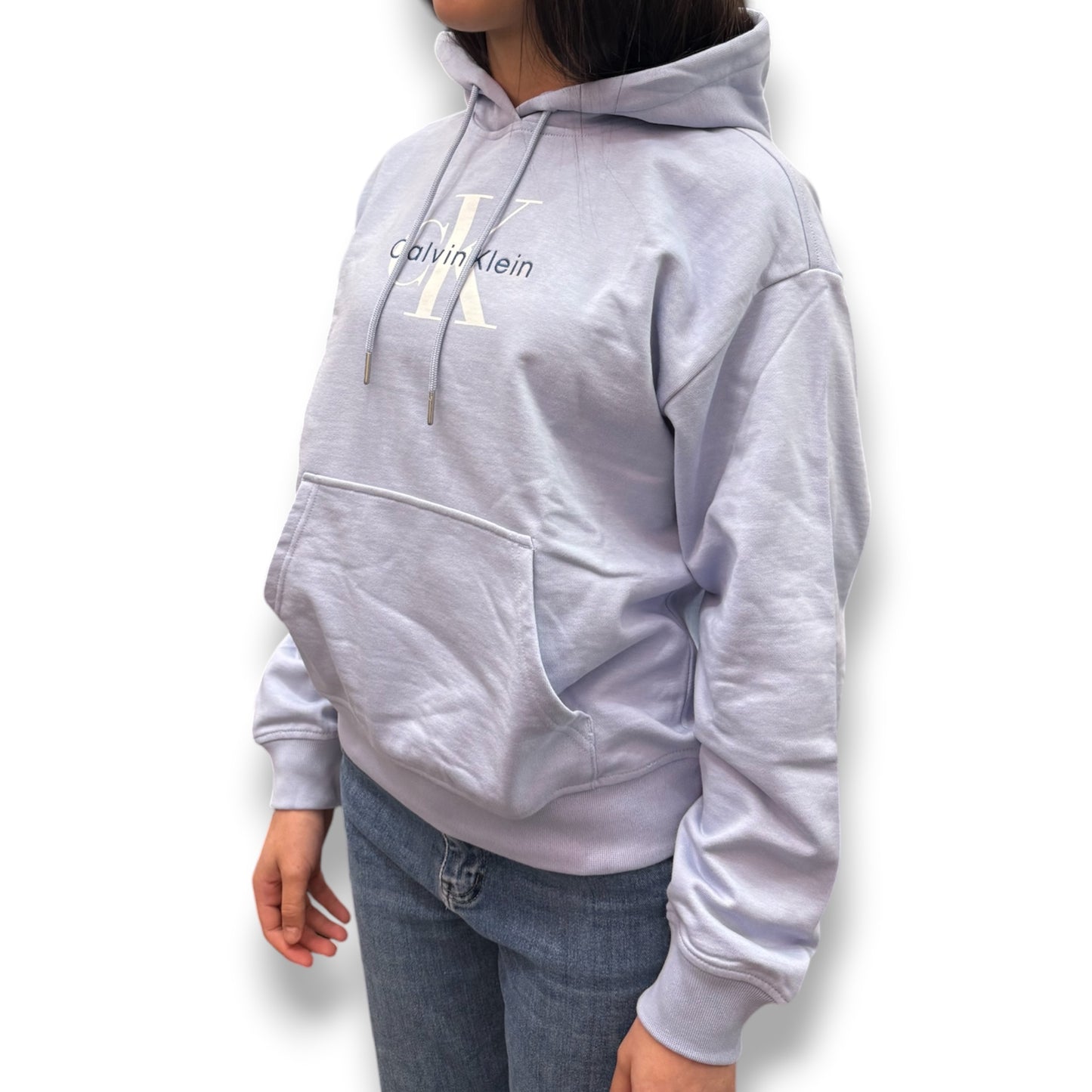 CALVIN KLEIN-Felpa estiva Donna, con cappuccio e logo frontale, tex.cotone garzato, col.Azzurro