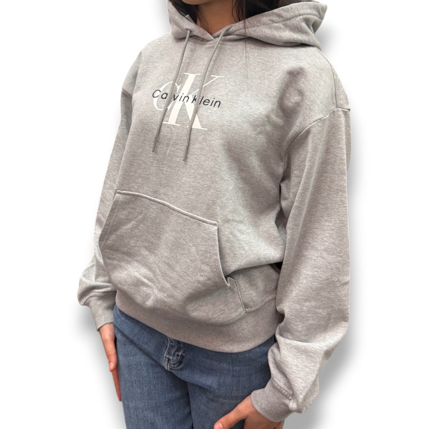 CALVIN KLEIN-Felpa estiva Donna, con cappuccio e logo frontale, tex.cotone garzato, col.Grigio