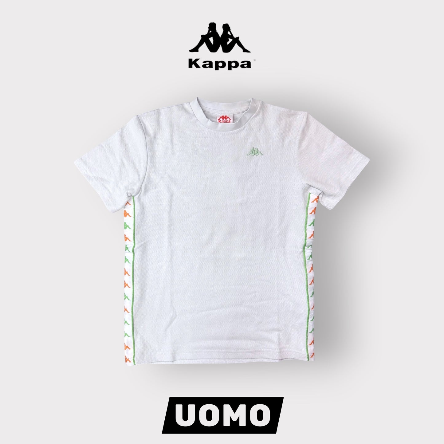 KAPPA- T-shirt Uomo con banda laterale bianca/arancione/verde, Col.Grigio ghiaccio