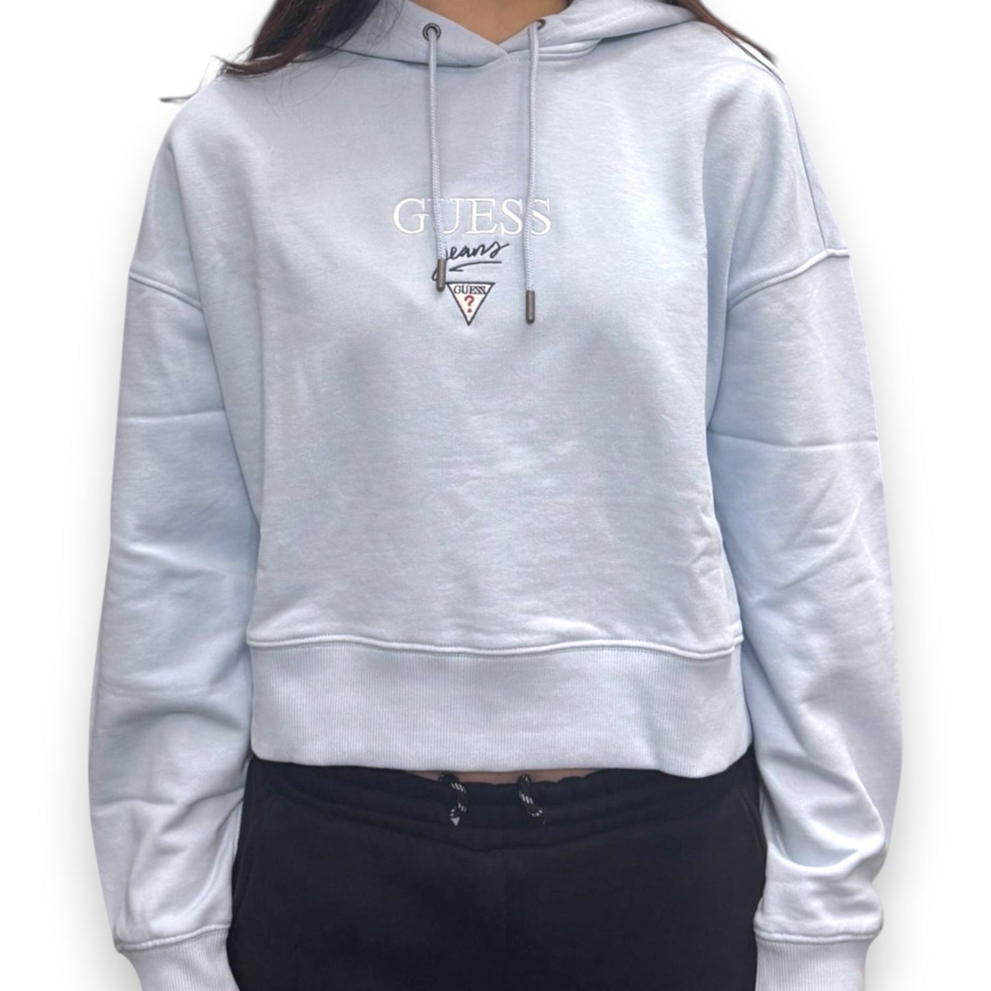 GUESS-Felpa estiva Donna, con cappuccio e ricamo frontale, tex.cotone garzato, Col.Azzurro