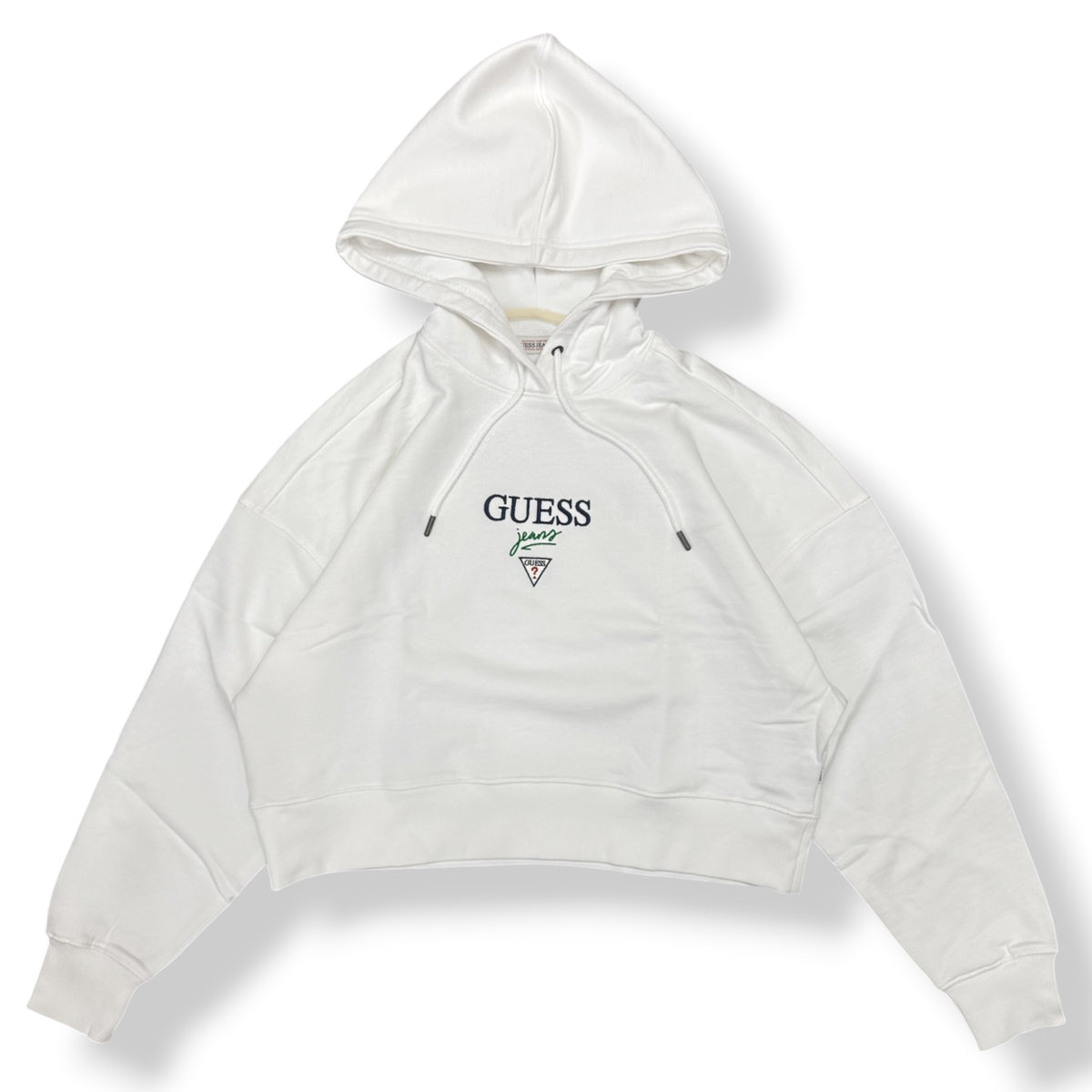 GUESS- Felpa estiva Donna, con cappuccio e ricamo frontale, tex.cotone garzato, Col.Bianco