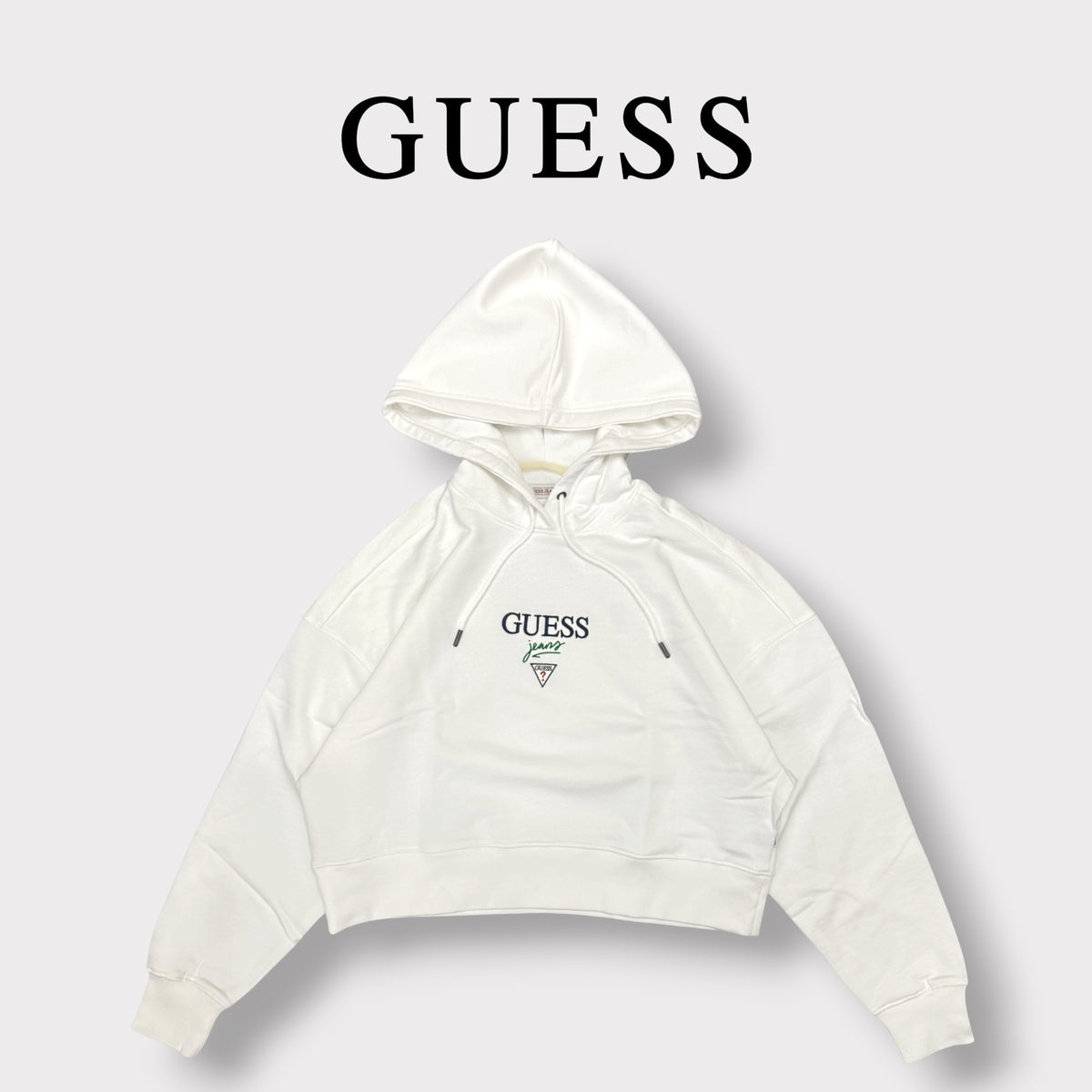 GUESS- Felpa estiva Donna, con cappuccio e ricamo frontale, tex.cotone garzato, Col.Bianco