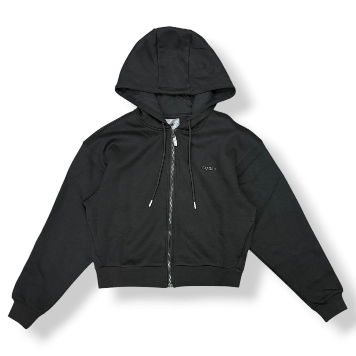 GUESS - Felpa Donna, con cappuccio e zip, con logo gommato lato cuore, tex.Neoprene, col.Nero