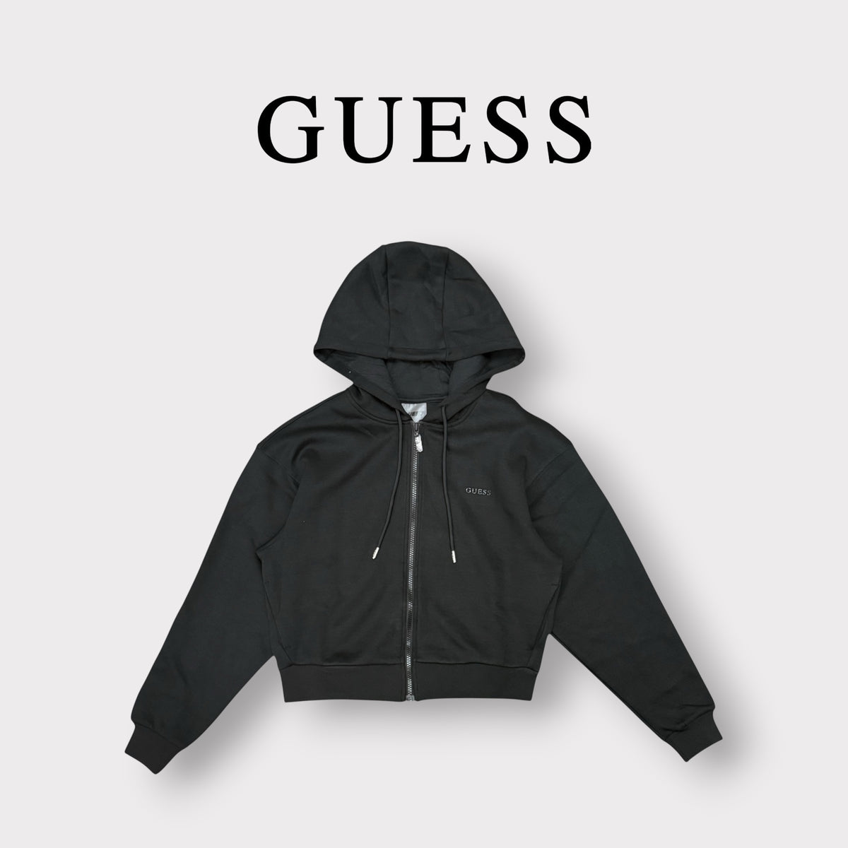 GUESS - Felpa Donna, con cappuccio e zip, con logo gommato lato cuore, tex.Neoprene, col.Nero