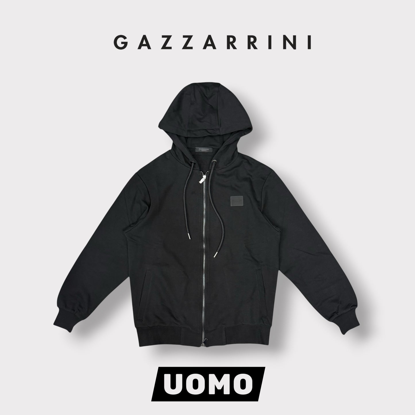 GAZZARRINI- Felpa estiva Uomo, con cappuccio e zip, tex.cotone garzato, col.Nero