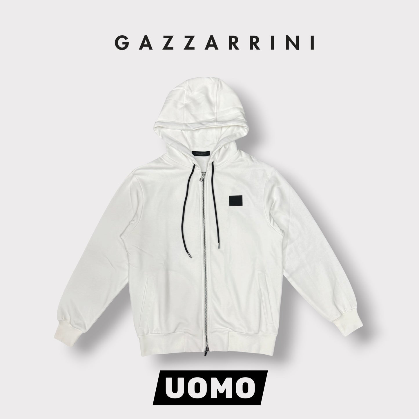 GAZZARRINI- Felpa estiva Uomo, con cappuccio e zip, tex.cotone garzato, col.Bianco